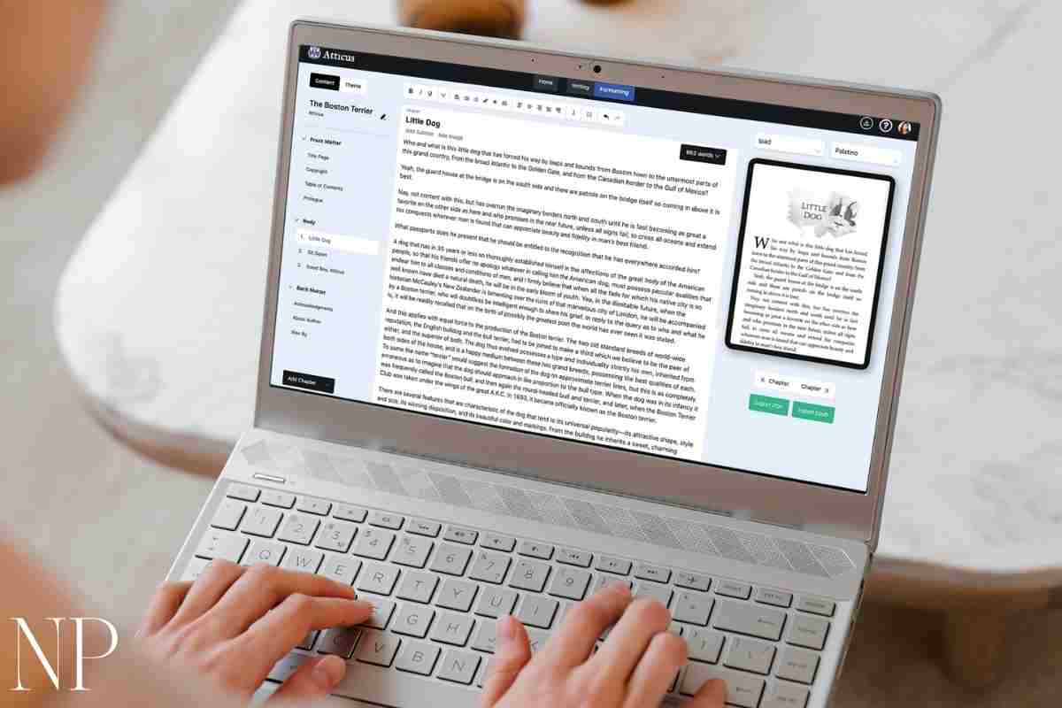 An author uses a book formatting software on their laptop