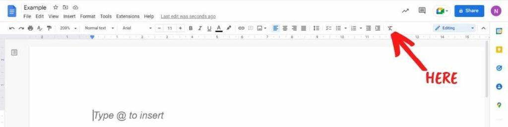 The location of the Clear Formatting option in GoogleDocs